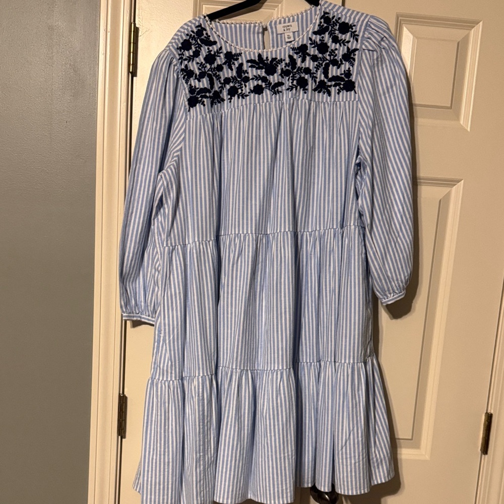 Blue and White Striped Kids Dress with Floral Embroidery